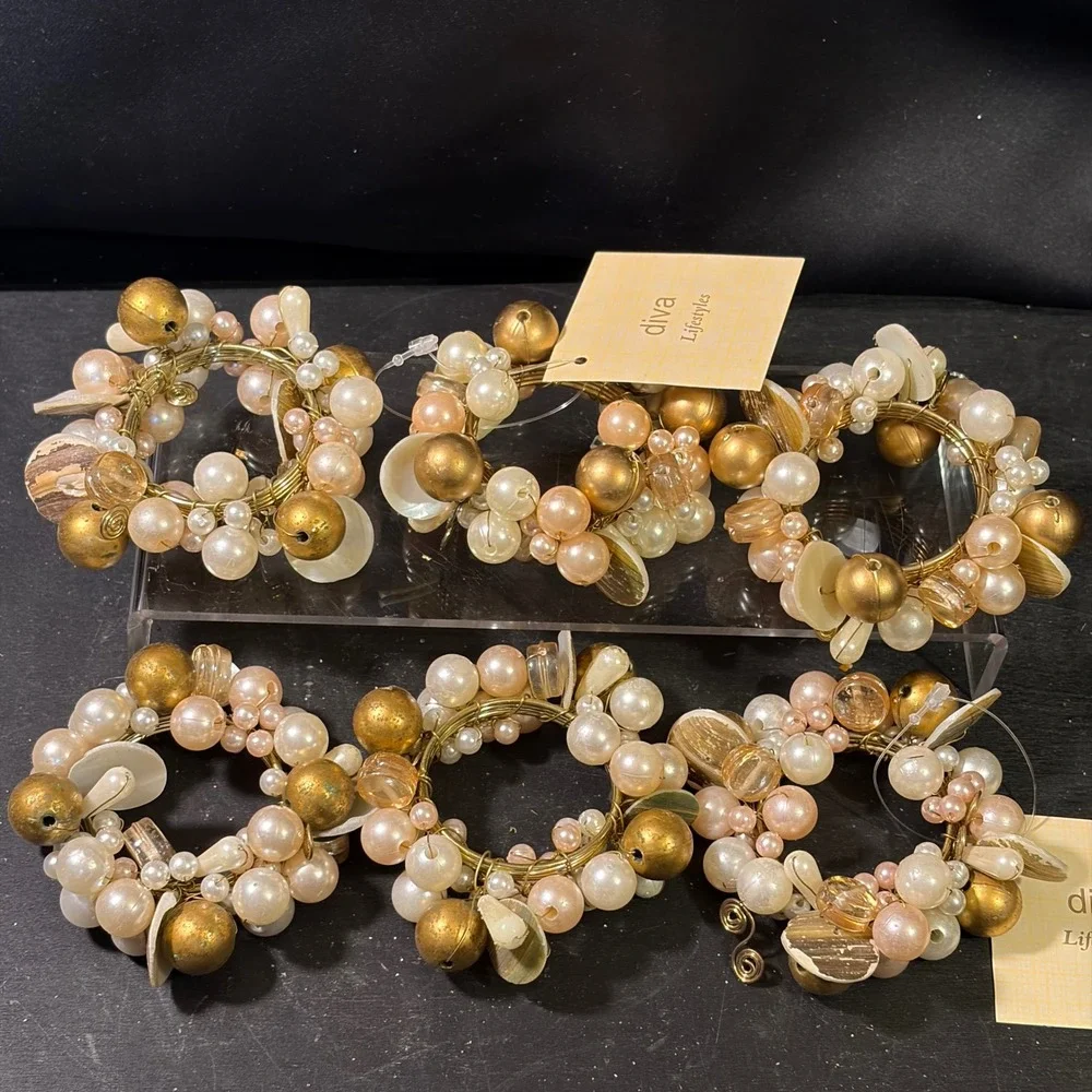 Diva Lifestyles Mixed Pearl Shell Napkin Rings Gold Set of 6 New 859440